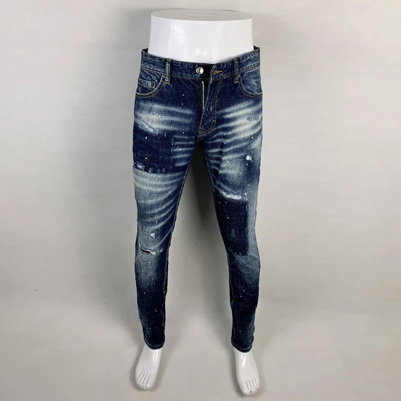 Jeans rasgado azul retrô masculino, calça elástica, slim fit, moda de rua, designer pintado, marca hip hop, alta qualidade