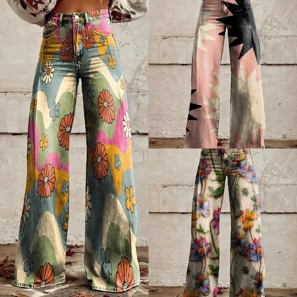 

Fashion Women's Pants Elegant High Waisted Wide Leg Trousers Casual Loose Colorful Pattern Printed Versatile High Street Slacks