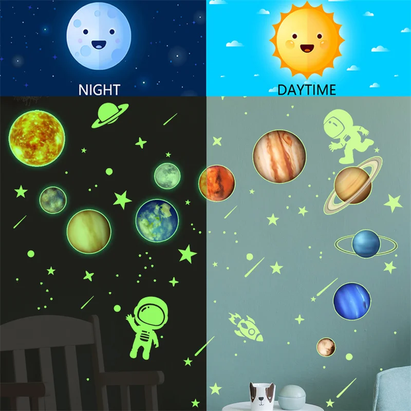 Astronaut Wall Stickers Glow In The Dark Children's Room Ornaments Luminous Planet Decals Creative Kids Bedroom Mural Decoration