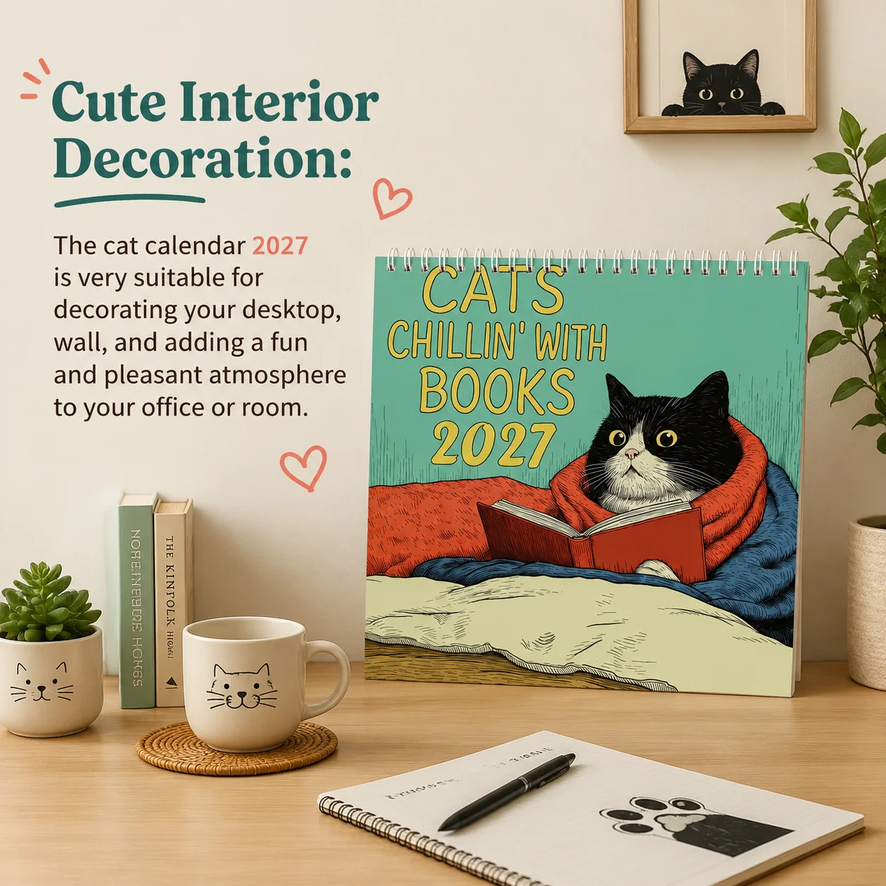 2027 Reading Cat Calendar Hanging 12 Months Wall Planner, Creative Family Planning Reminder for Home Funny Monthly Planner