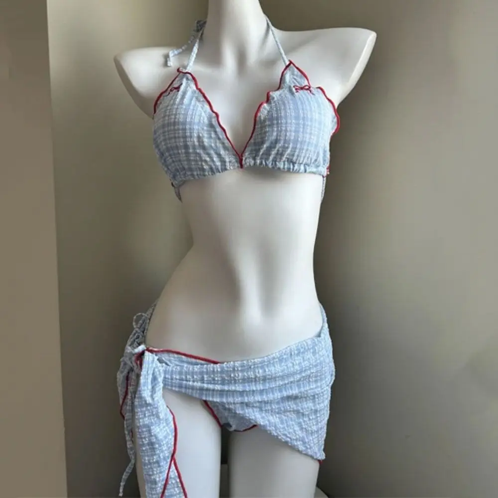 Casual Bowknot Grid Sleeveless Swimsuit Pleated Lace Up Bikini Bathing Suit Slim Fit Deep-V Three Pieces Swimwear Set Vacation