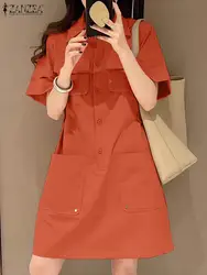 ZANZEA Korean Fashion Women Summer Dress Lapel Neck Half Sleeve Solid Cargo Sundress Casual Loose Holiday Knee-length Vestido