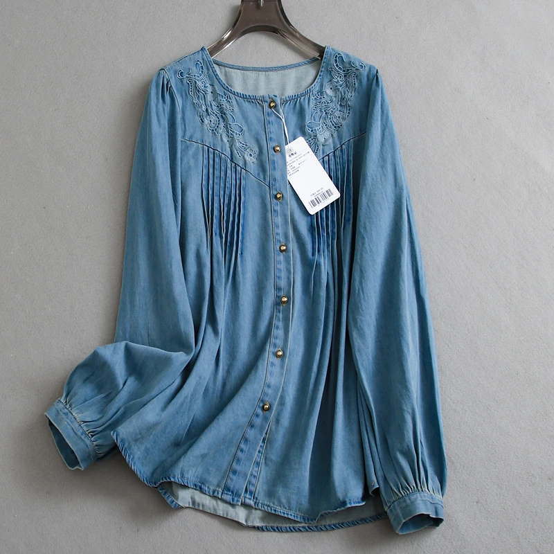

Women Retro Denim Shirt Round Neck Embroidered New Spring Autumn Ruched Long Sleeve Blouse Top
