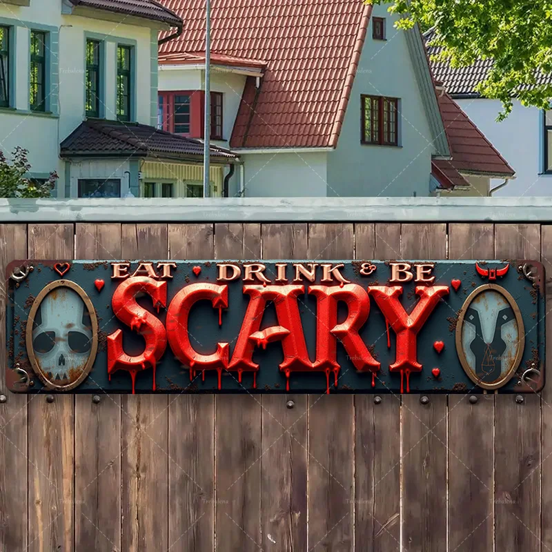 

1 шт. металлический знак, 4x16 дюймов "Русский "Ешь, напиток и будь страшный" знак на Хэллоуин с черепами для декора дома с привидениями"