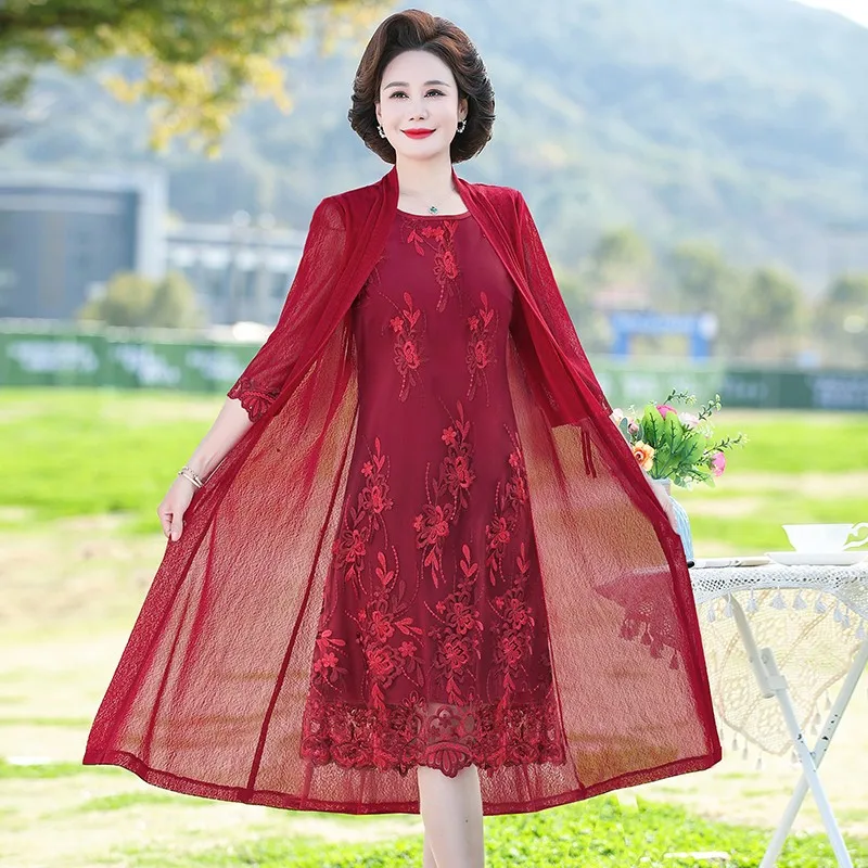 Retro Middle Age Mother Spring and Summer Embroidery Mesh Fabric Dress Two Piece Set New Fashion Women Fashion Chiffon Vestido