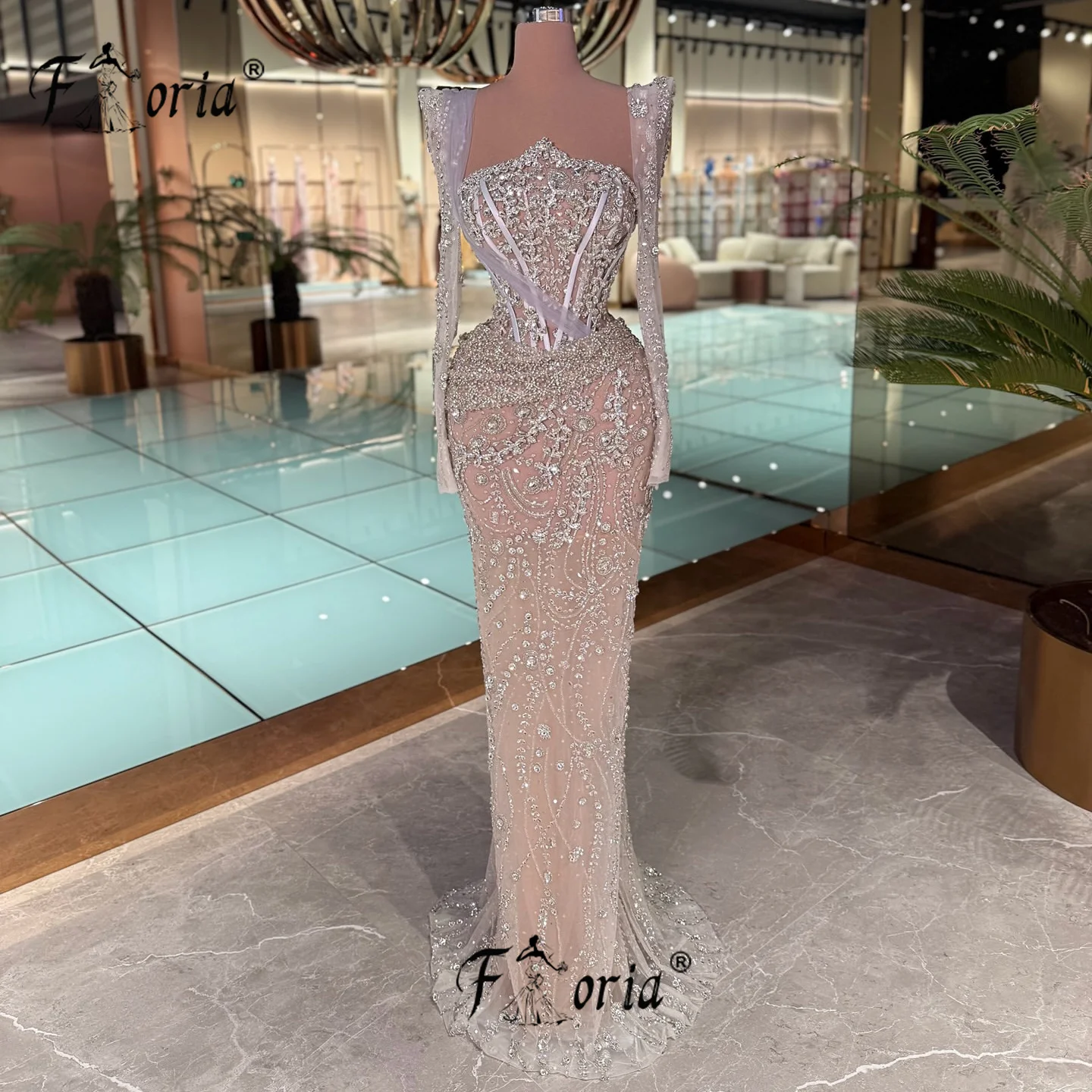 كوتور عارية الخرز كريستال رداء حفلات السهرة الرسمية دبي انظر من خلال اليدوية ثلاثية الأبعاد الخرز فساتين لحضور الحفلات الموسيقية طويلة Vestidos 2026 #1