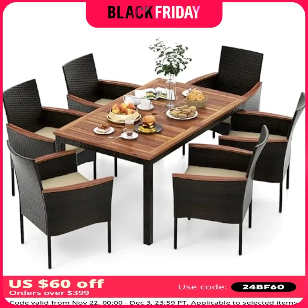 Patio Furniture Set for 7 Piece, Stackable Chairs & Acacia Wood Table, 1.96'' Umbrella Hole, Outside Furniture Set