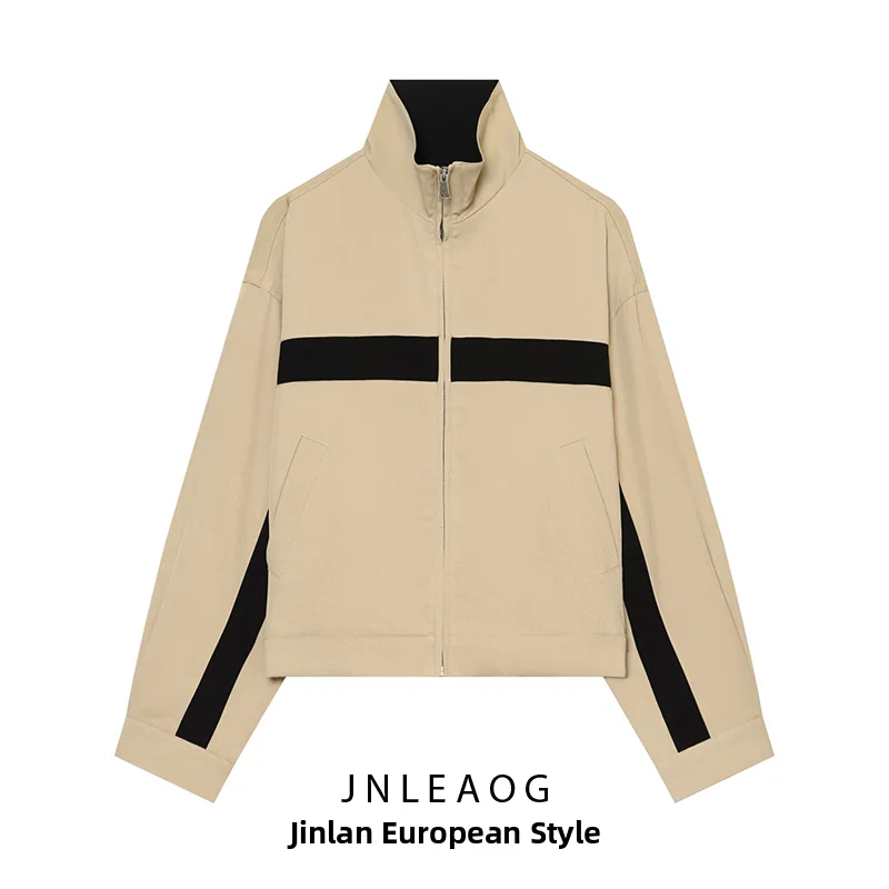 JNLEAOG Fashion Comfortable Contrast Color Patchwork Stand Collar Jacket Women's Autumn New Style Polyester Short Coat