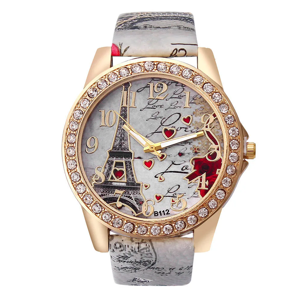 Trendy Women rhinestone Eiffel Tower PU leather quartz Watch