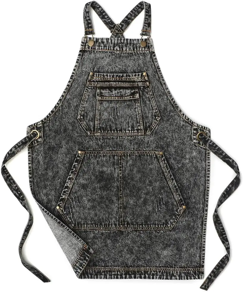 

Denim Apron with Pockets for Hair Stylist, Gardening, Craftsmen, Barista - Adjustable Cross Straps in Black