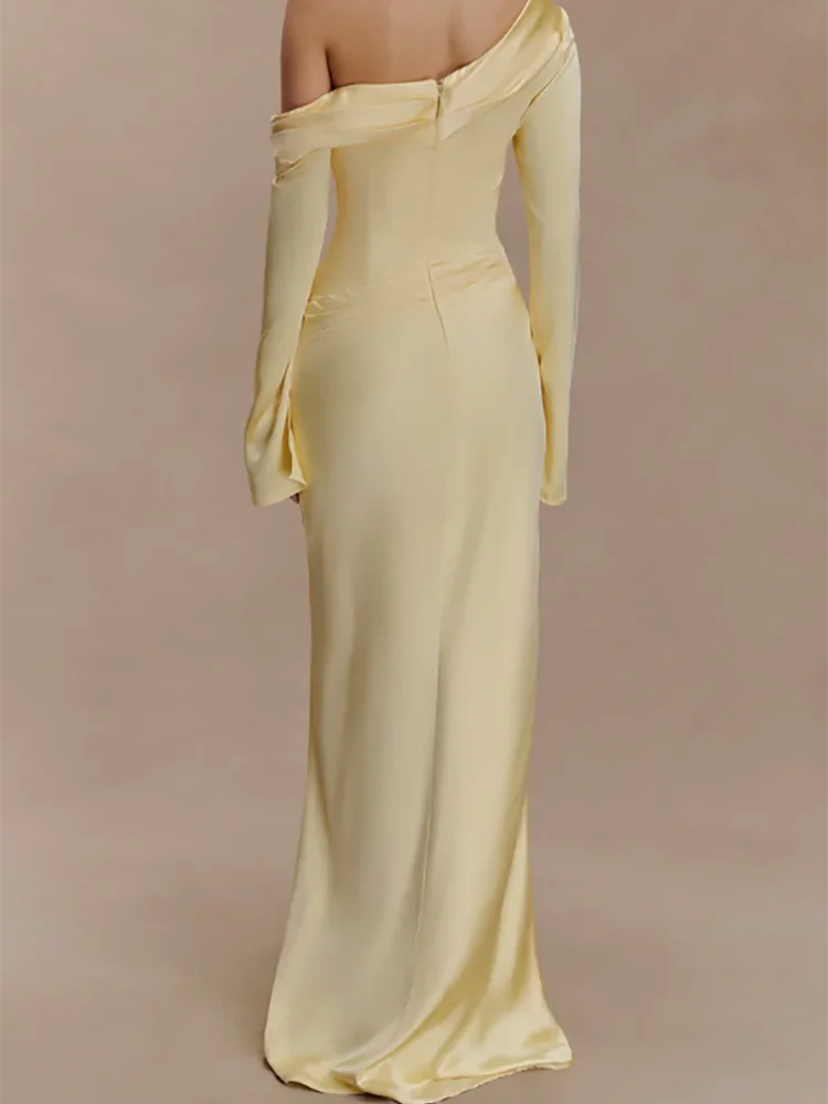 Abiti da sera formali dritti a maniche lunghe gialli classici con spalle scoperte Abiti da ballo di compleanno personalizzati