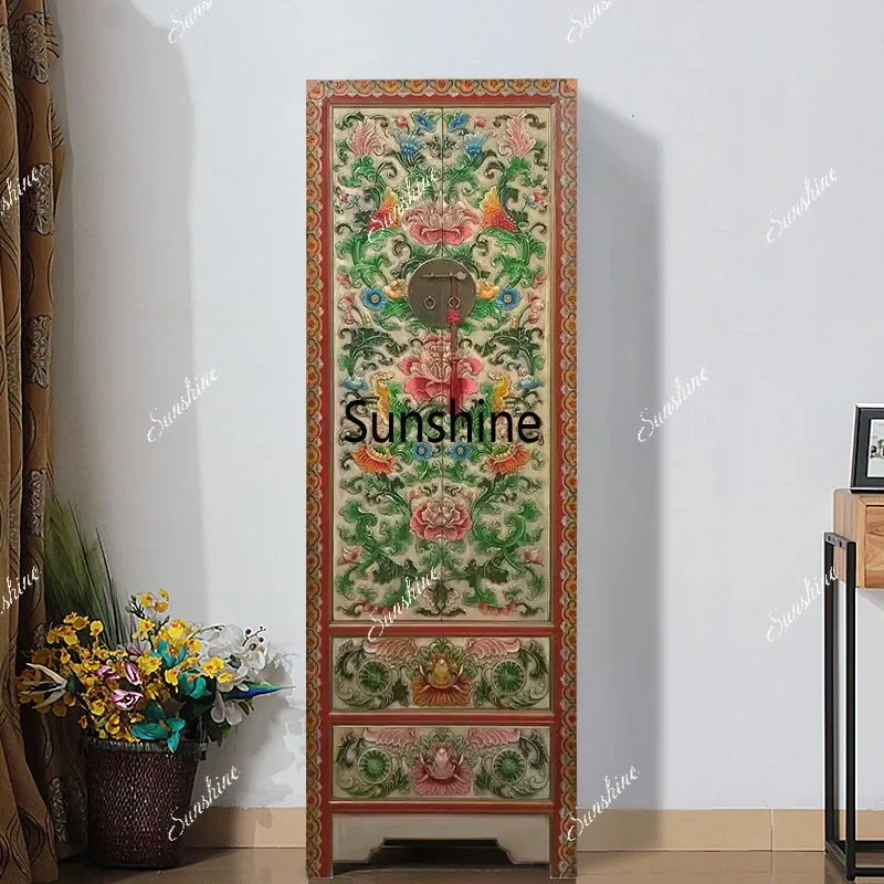 New Chinese solid wood wardrobe retro hand-painted carved painted high cabinet