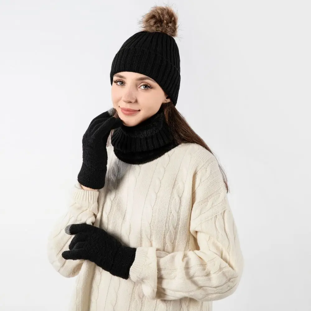 3 unids/set de regalo, gorros cálidos para mujer, bufanda, guantes, conjunto suave a prueba de viento, manopla cálida de invierno, protección para los oídos de felpa, guantes con pantalla táctil para exteriores