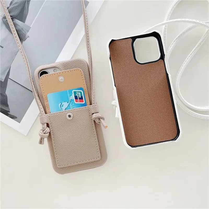 Personalized Name Letters Leather Card Holder Lanyard Hard Phone Case For iPhone 15 14 13 12 11 Pro Max XS XR 8 7 Plus SE Cover