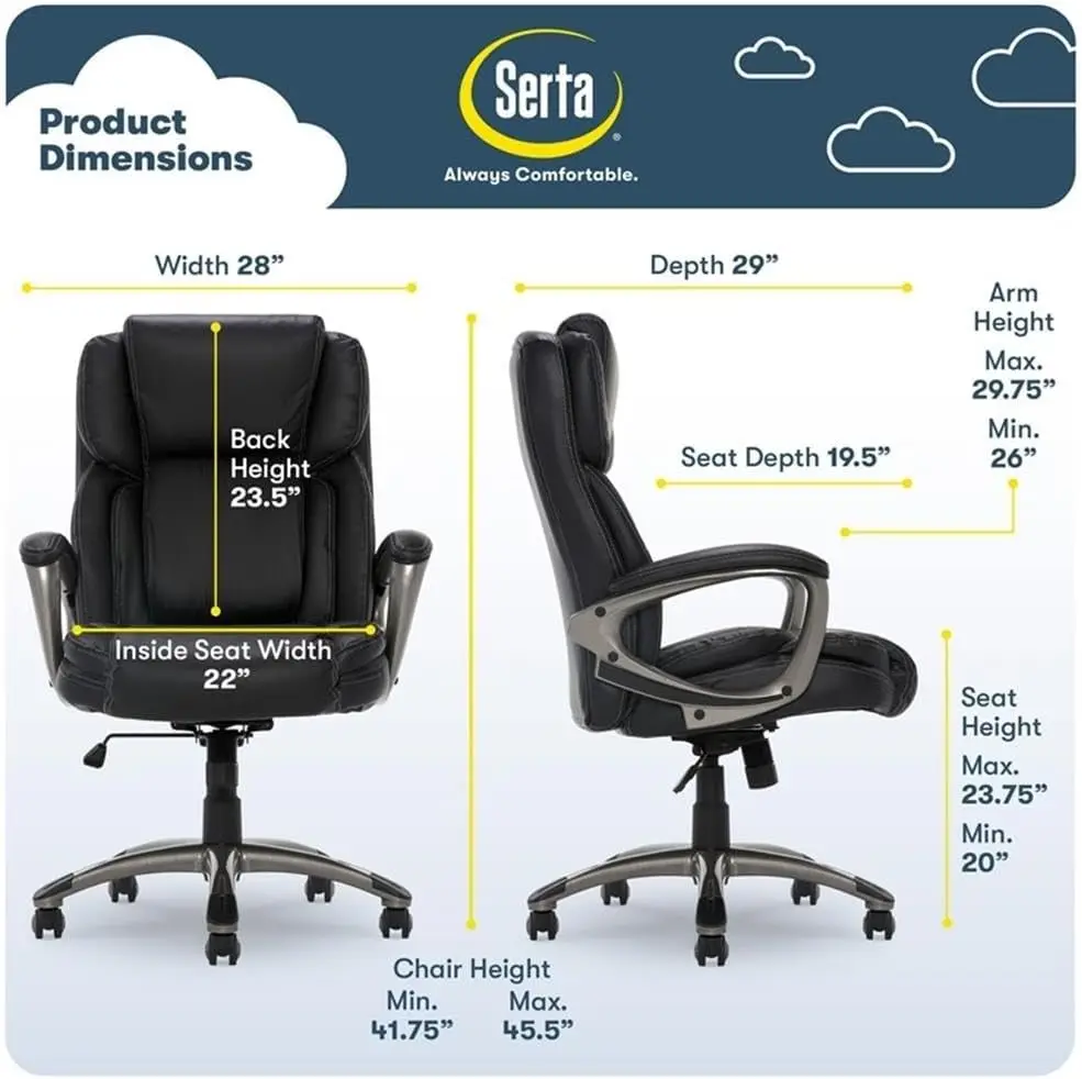 Serta Garret Executive Office Chair, Ergonomic Mid-Back With Lumbar Support, Semi-Plush Cushion And Body Pillows, Padded