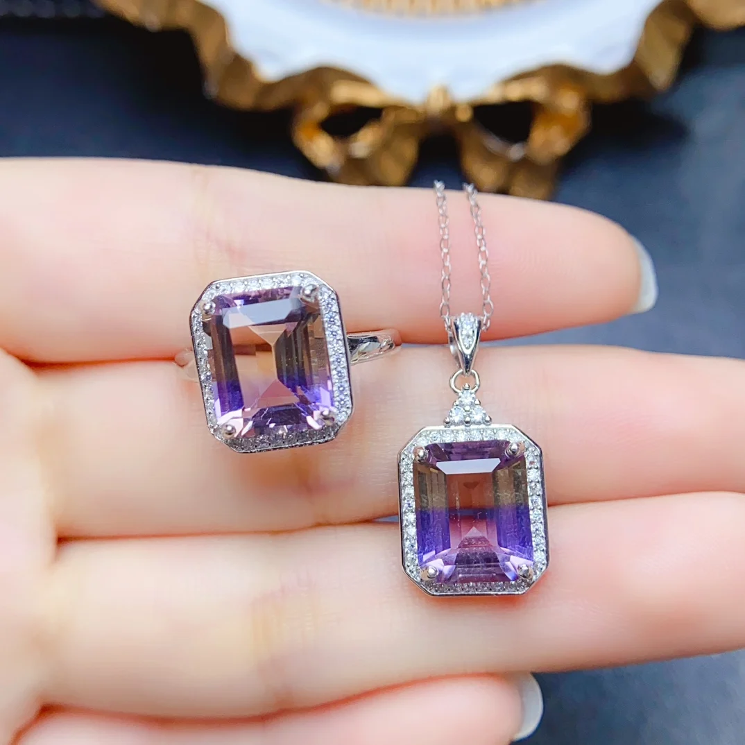 FS 8*10mm Natural Ametrine Jewelry Set S925 Sterling Silver Ring Pendant 2-Piece for Women Fine Weddings MeiBaPJ Certificate