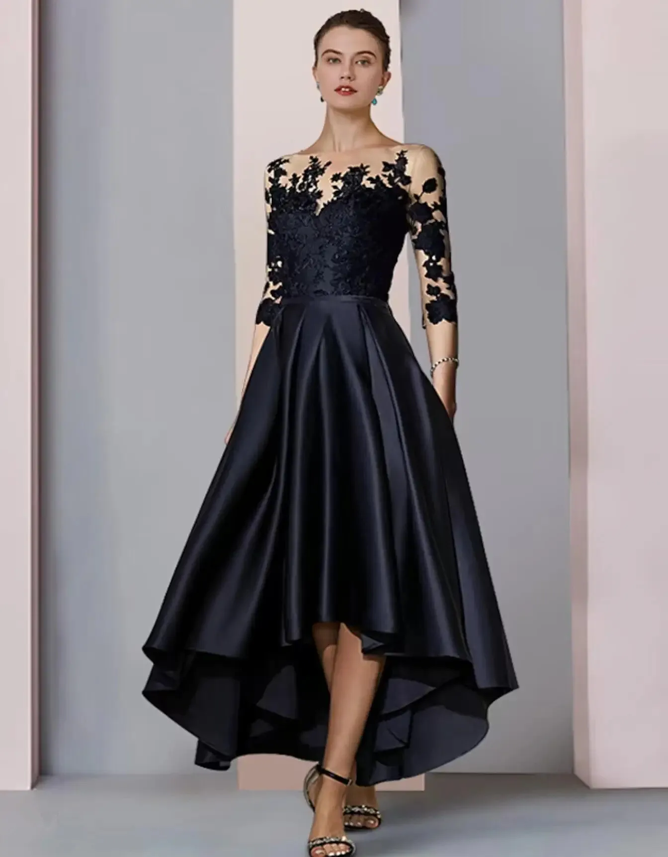 Vestido para madre de la novia con cuello en V, apliques de satén, asimétrico, largo hasta el té, elegante Línea A, frontal, espalda corta, largo,