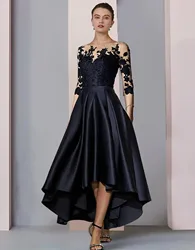 Vestido para madre de la novia con cuello en V, apliques de satén, asimétrico, largo hasta el té, elegante Línea A, frontal, espalda corta, largo, invitado de boda