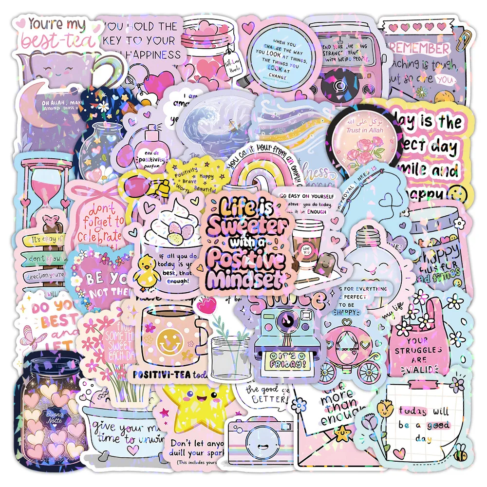 

50 Cute Text Quotes Aesthetic Laser Cartoon Graffiti Stickers Decorative Notebook Scooter Water Cup