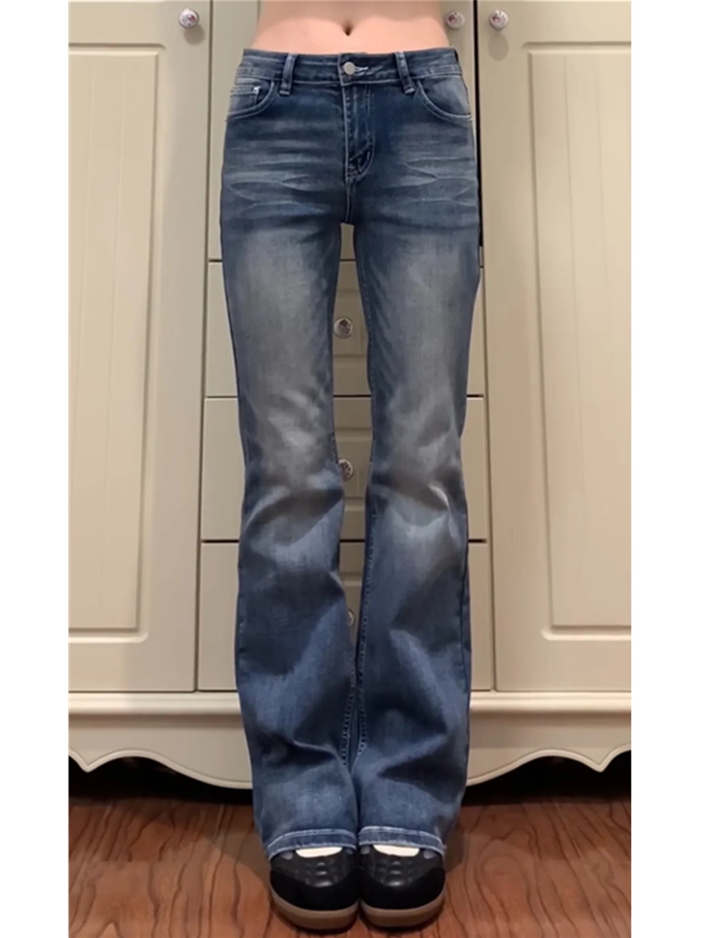 

American Style Vintage Low Waist Bell Bottom Jeans Women's Slimming Straight Leg Pants Casual Washed Cotton Jeans