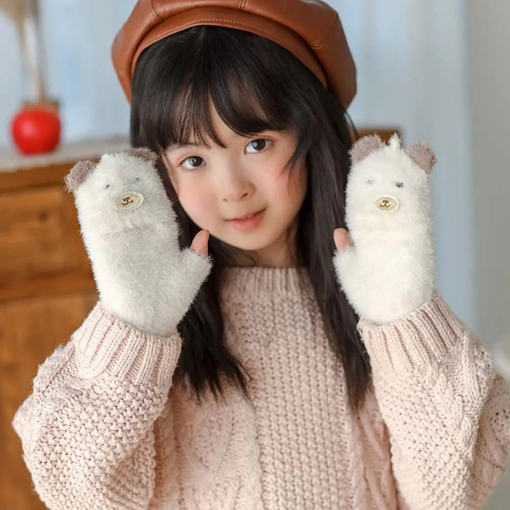 Cute Thick Cat Ear For Kids Children Winter Half Finger Gloves Children Gloves Flip Cover Gloves Korean Knitted Mittens