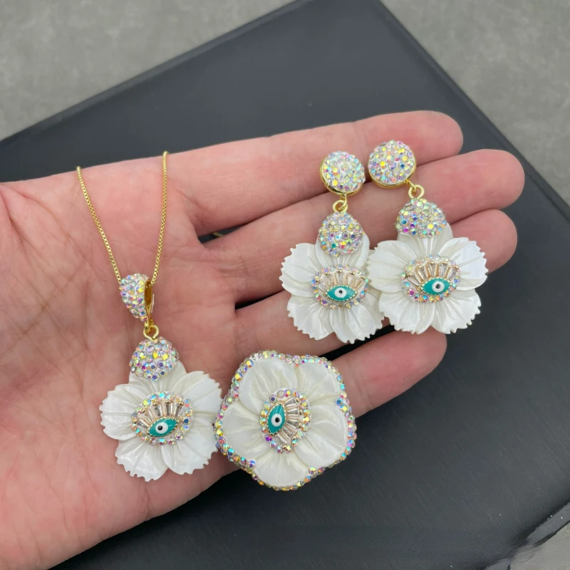 

Natural freshwater pearl Shell Earrings Set Delicate fashion white shell rhinestone zircon necklace women'swedding party jewelry