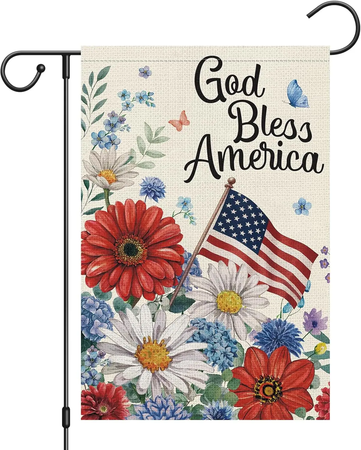Heyfibro God Bless America Patriotic Garden Flag 12x18 Double Sided Burlap, 4th of July Watercolor Daisy Floral USA Yard Ban ZZM