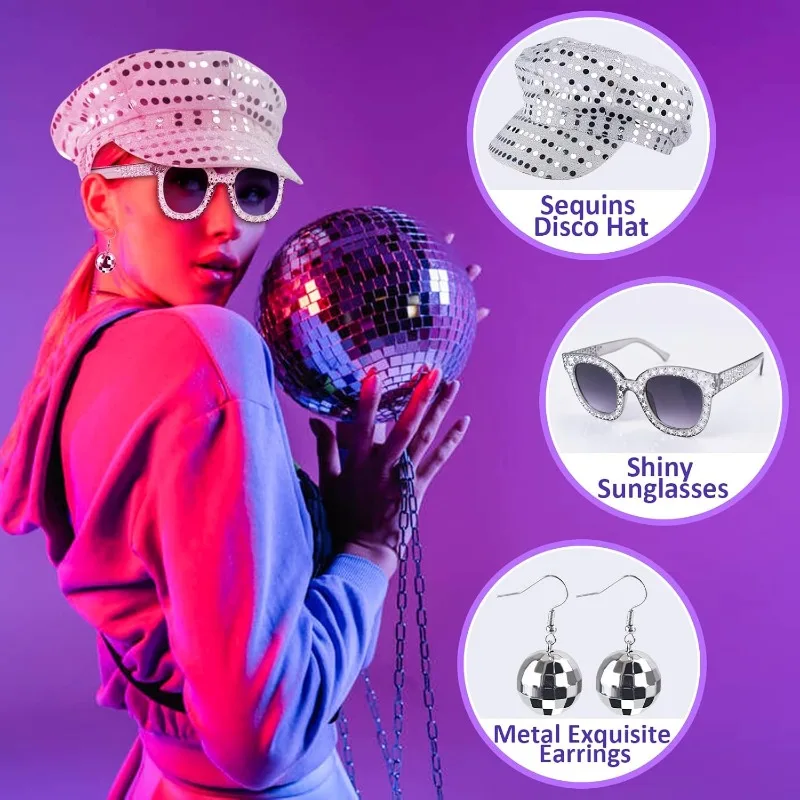 Ensemble d'accessoires de Costume Disco des années 70 pour femmes, boucles d'oreilles Disco des années 80, chapeau à paillettes, lunettes de soleil, accessoires de spectacle sur scène, fête d'halloween, 3 pièces