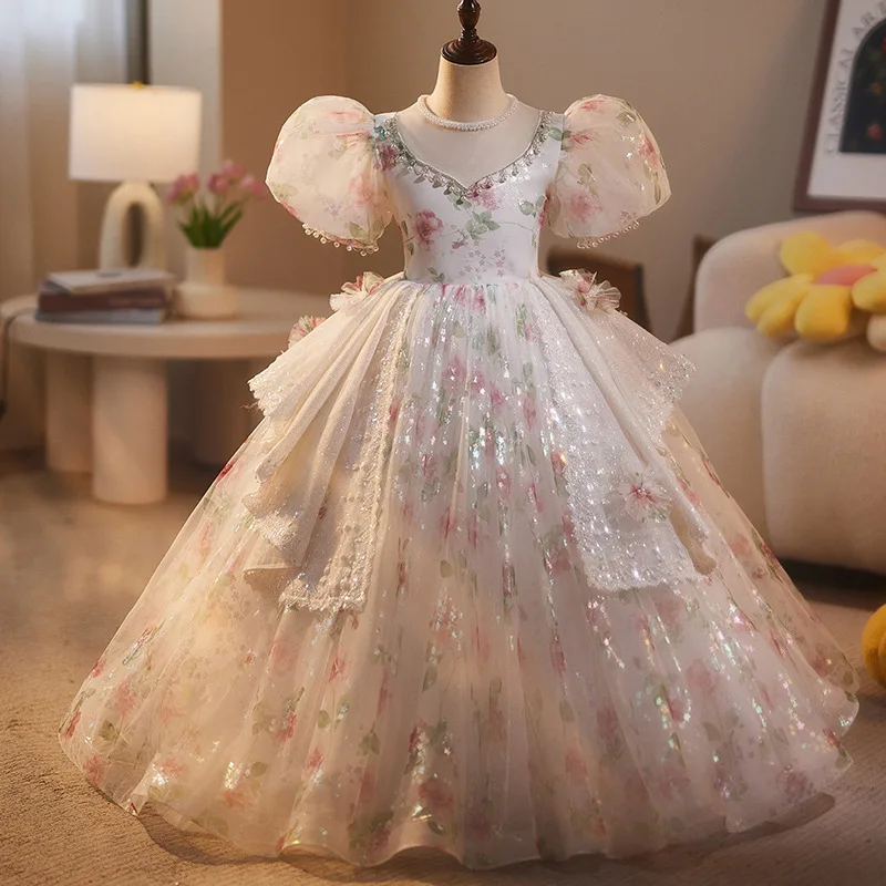 2024 Girl printing birthday dress girl host princess dress flower girl fluffy dress model runway piano performance dress