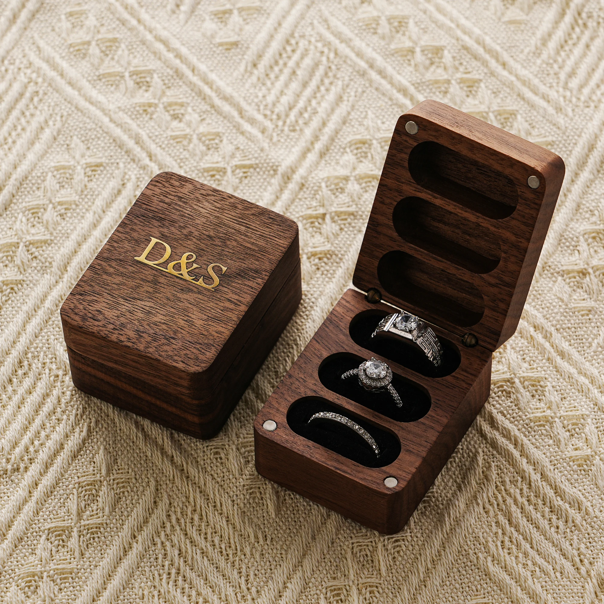 Custom Brass Inlay Triple Ring Box, Wooden Ring Box with Custom Metal Inlay,Handmade Walnut Ring Bearer,Engagement Ring Box,Wedd