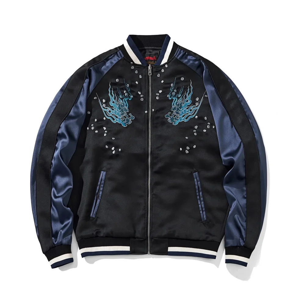 Premium Japanese Yokosuka Jacket with White Tiger Embroidery Black and Blue Streetwear for Urban Fashion Bomber Jacket Men