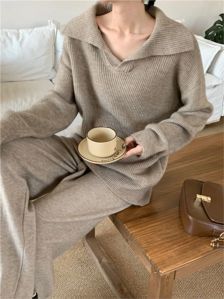 Autumn Winter Women\'s Knitted 2-piece Set Lapel Pullover Sweater Long Pants Korean Fashion Casual Female Clothing Knitwear New