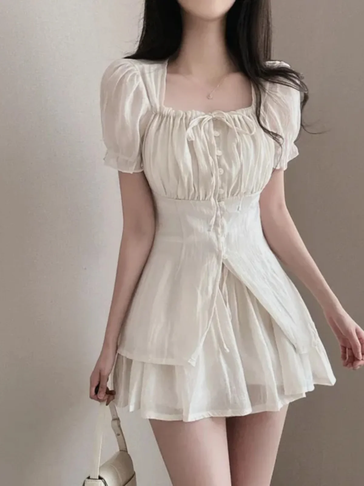 

Spring Faion Bubble Sve Square Collar Women's irt And High Waist Slim orts Two-Piece Set High Waist ort Sve But...
