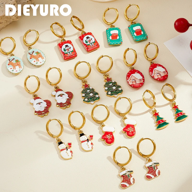 DIEYURO Stainless Steel Christmas Enamel Dangle Earrings Lady Santa Claus Snowman Tree Reindeer Earrings Holiday Jewelry Gift