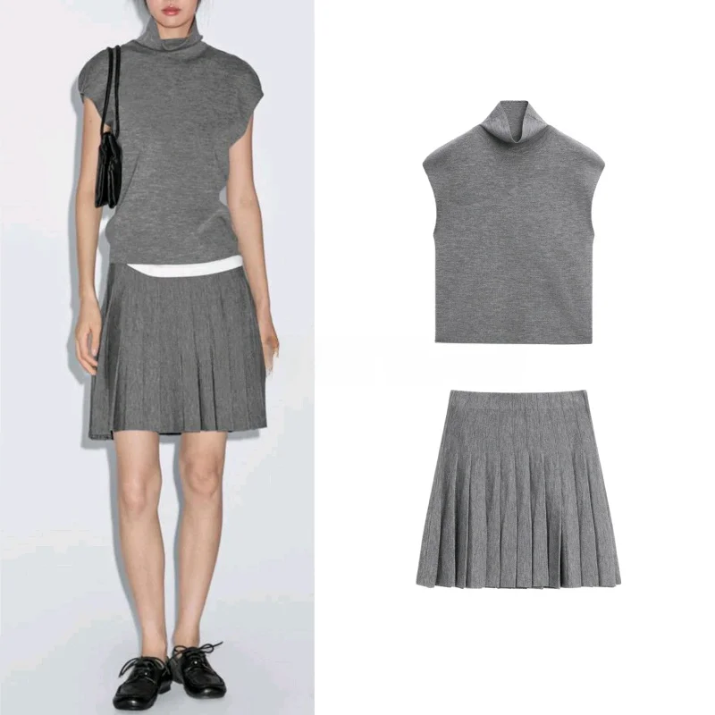 

High Collar Wool Blend Vest with Flng Sves ey Series Midi Skirt Two Piece Set Casual Sle ort Sve High Waist