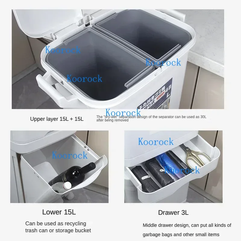 Large Kitchen Trash Bin with Lid - 2-Tier Vertical Wet/Dry Separation, Heavy-Duty Thickened for Household Waste Sorting