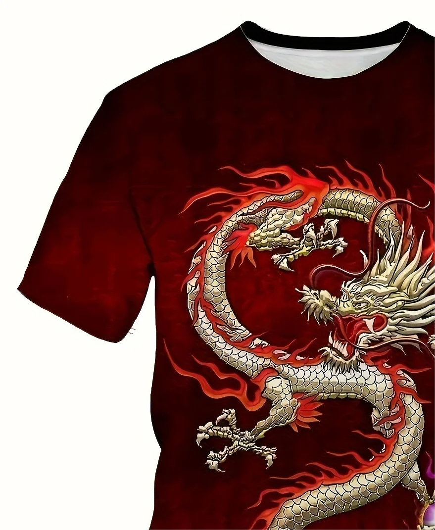 Spring Summer Men\'s Casual 3D Dragon Ethnic Graphic Printed Polyester Comfortable Round Neck Short Sleeve T-Shirt