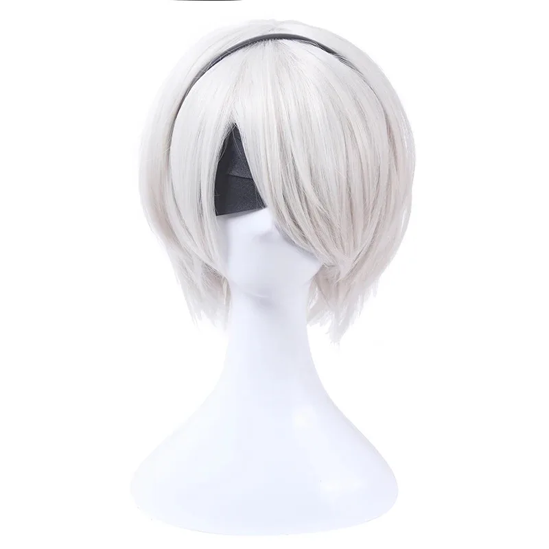 ROLECOS NieR:Automata 2B YoRHa Nr. 2 Heroine Cosplay Perücken 30 cm Frauen Kurze Silber Weiß Cos Perücke Hitzebeständige Synthetische Haar