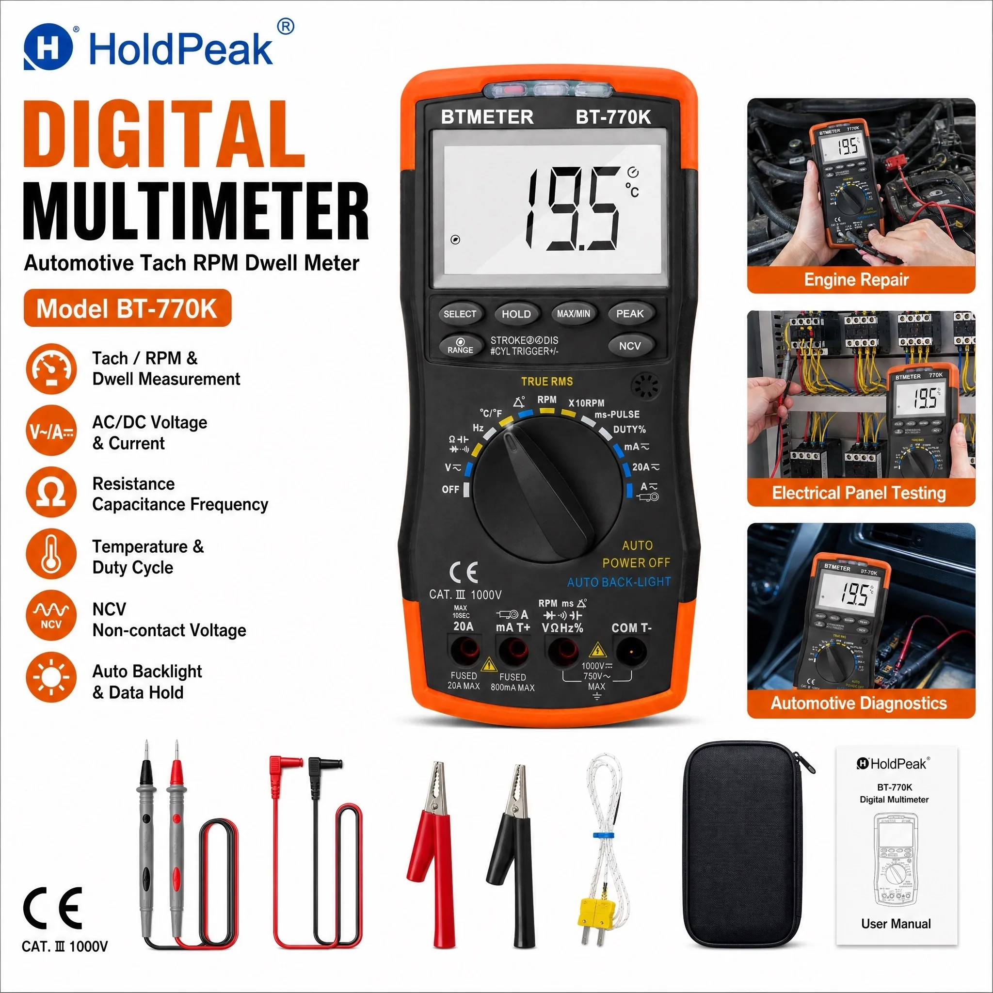 BTMETER 770K Automotive Multimeter 6000 Counts True RMS Auto Range RPM Dwell ms-Pulse Duty Cycle NCV CAT III 1000V