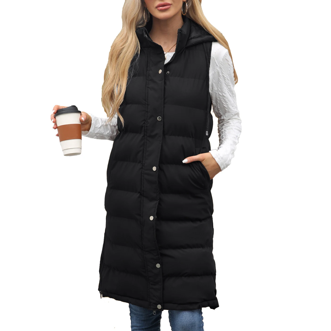 

Autumn Winter Women's Hooded Sleeveless Vest Long Solid Color Zipper Thickened Jacket
