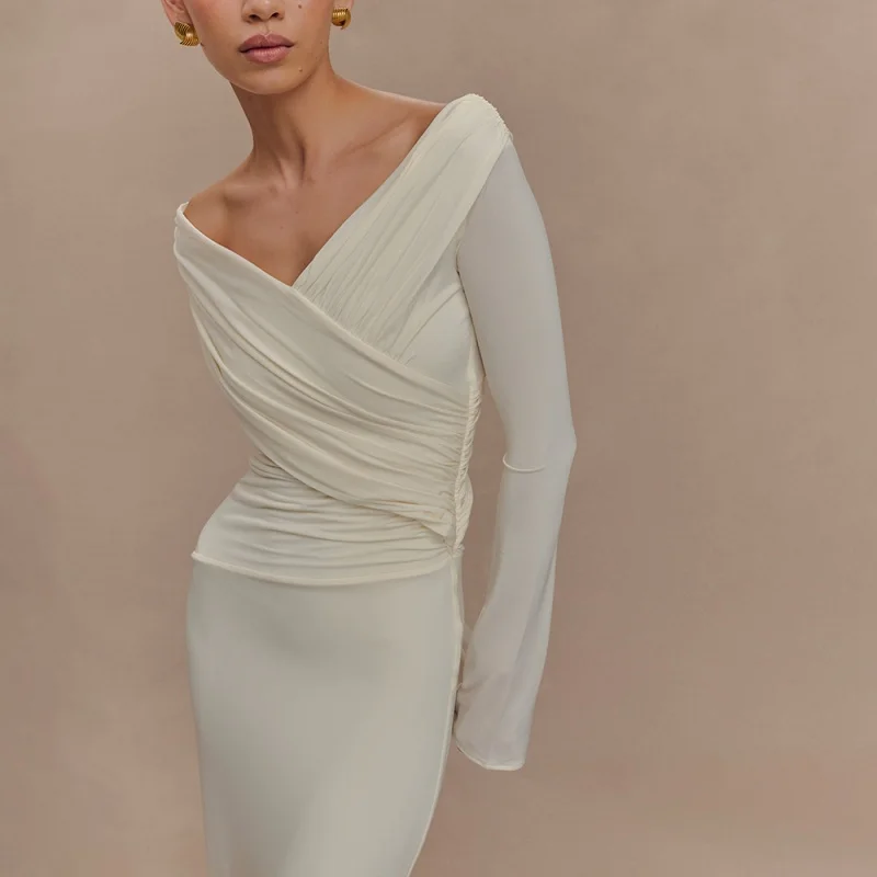 

Women's Autumn V Neck Long Sleeve Maxi Dress High Waist Ruched Bodycon Gown Solid Color Fashion Clubwear Long Dress