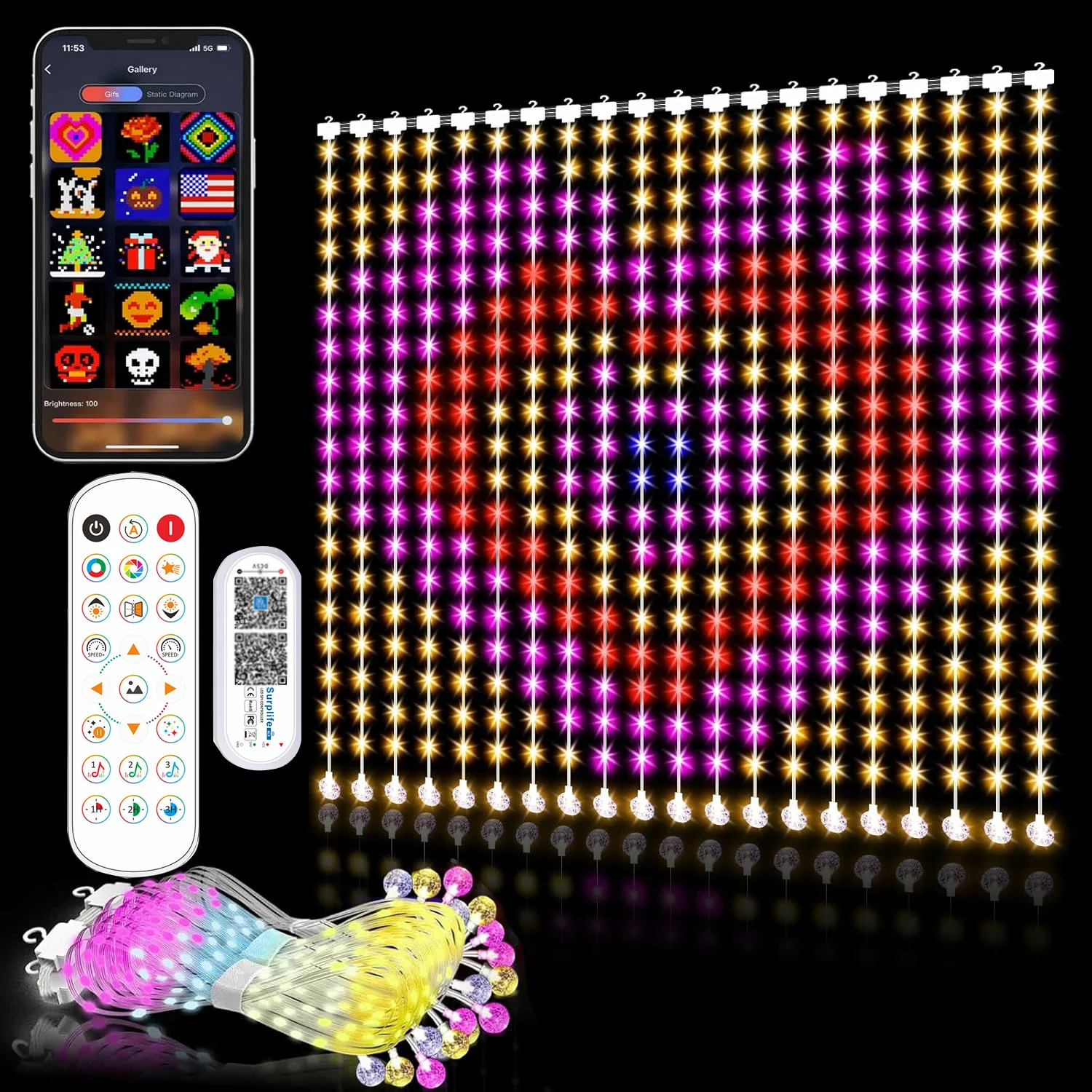 

RGB Smart Colorful LED Window Curtain Lights IP65 400leds RGB LED APP Control DIY Text and Pattern Fairy Lights for Christmas