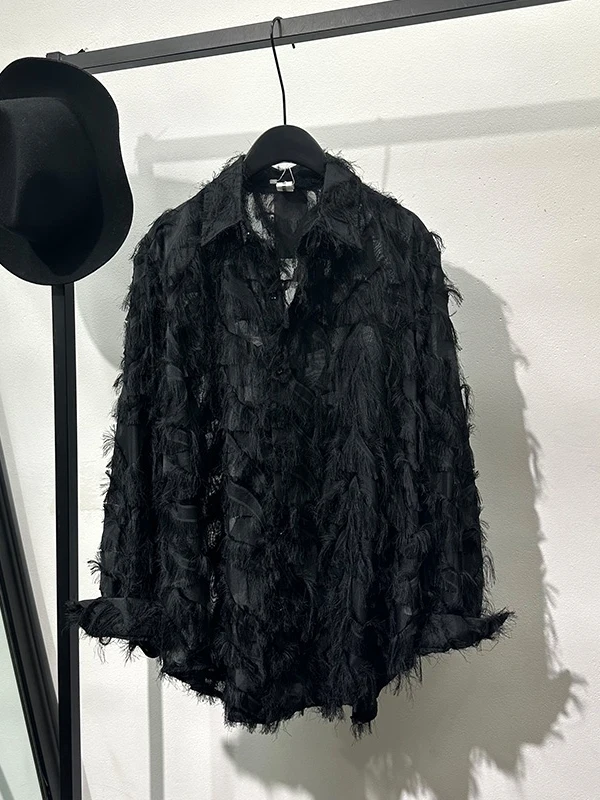 High Street Dark Black Hollow Out Feather Print Loose Long Sleeved Shirt for Men's A Sense of Luxury and Temperament Shirts Tops