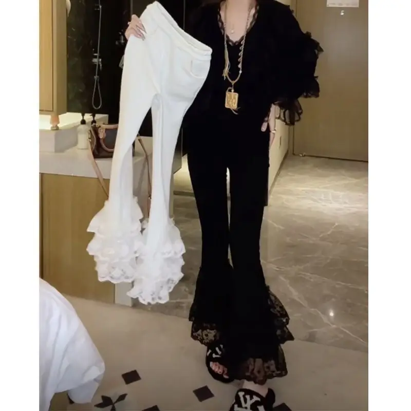 2026 Summer Design Sense Lace Splicing Flared Pants Versatile Fashion Women's Skinny Versatile Casual Pants