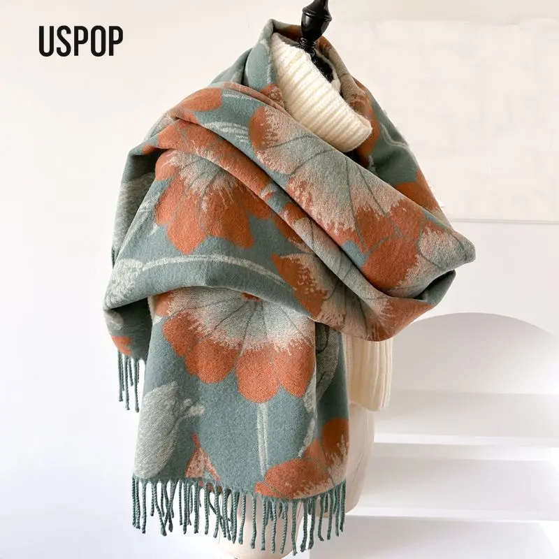 USPOP Large Wide Thick Cashmere-Feel Double-Sided Scarf Shawl with Tassels for Women Autumn Winter Elegant Neck Warmer Wrap