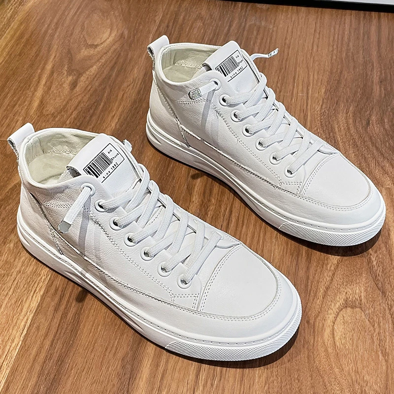 High Top Genuine Leather White Sneakers For Women 2026 All Season New No Tie Elastic Slip On Design Round Toe Thick Non Slip Rub