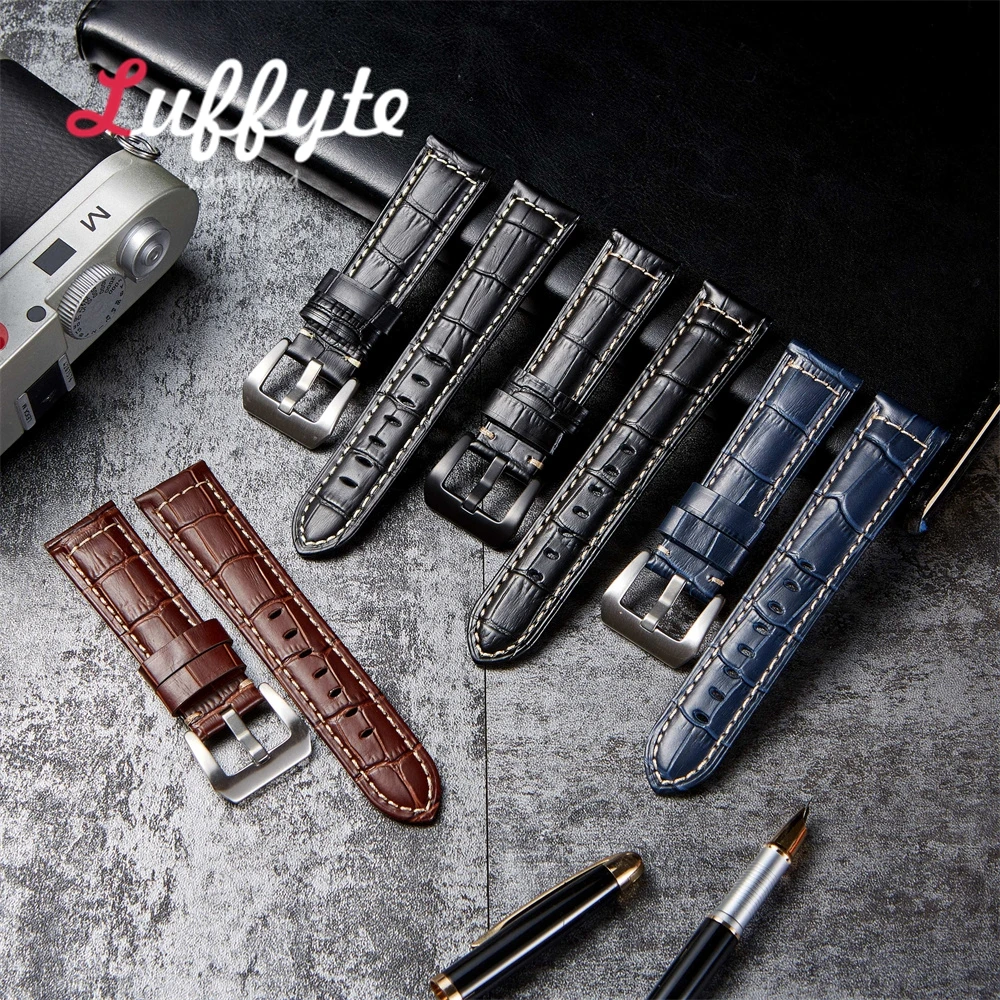 ธุรกิจVINTAGEของแท้หนัง 20 มม.22 มม.24 มม.26 มม.สีดําสีน้ําตาลผู้ชายสายคล้องอุปกรณ์เสริมสายรัดข้อมือ