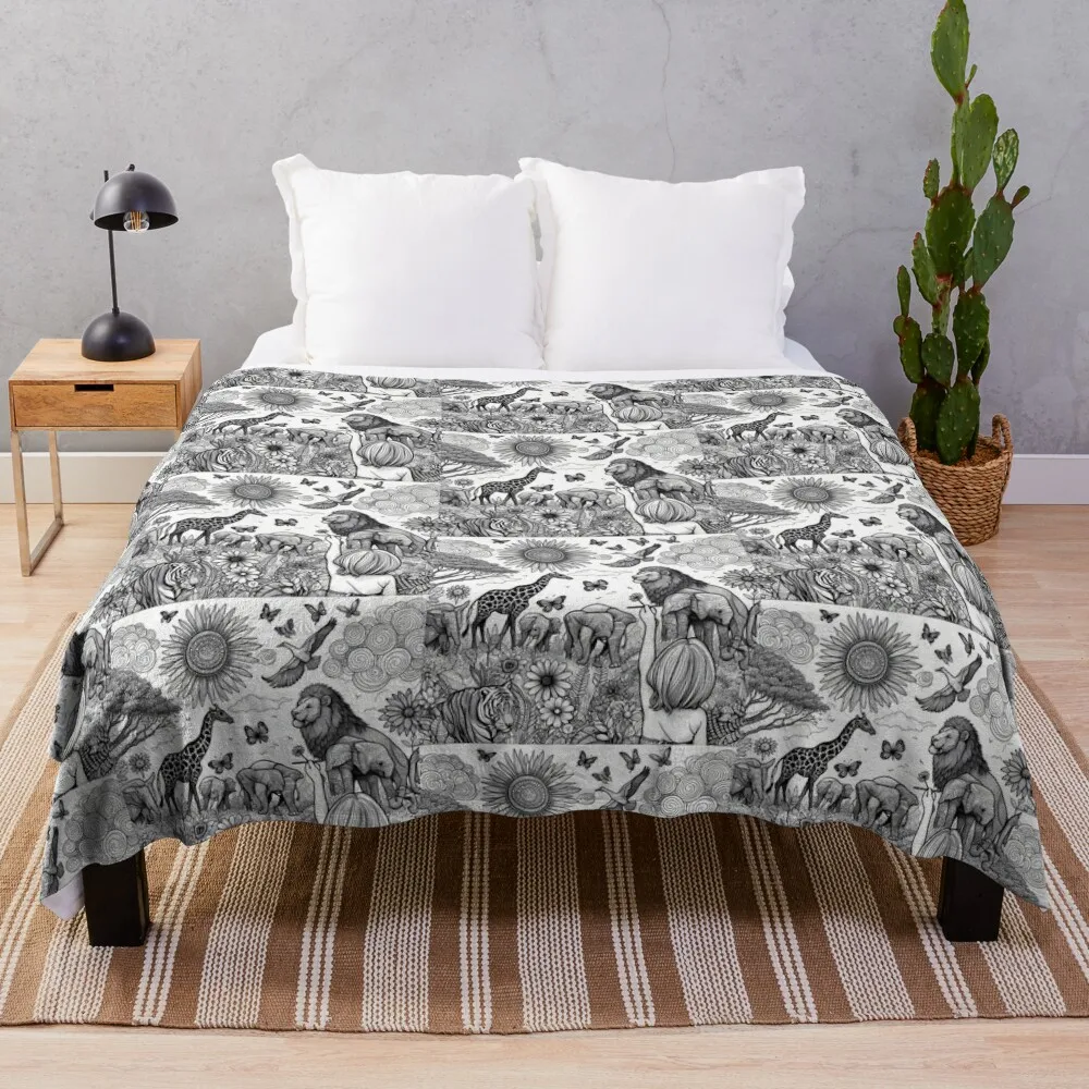 Animal Kingdom Diverse Wildlife Line Art Throw Blanket Comforter Hair bed plaid Luxury Designer Blankets