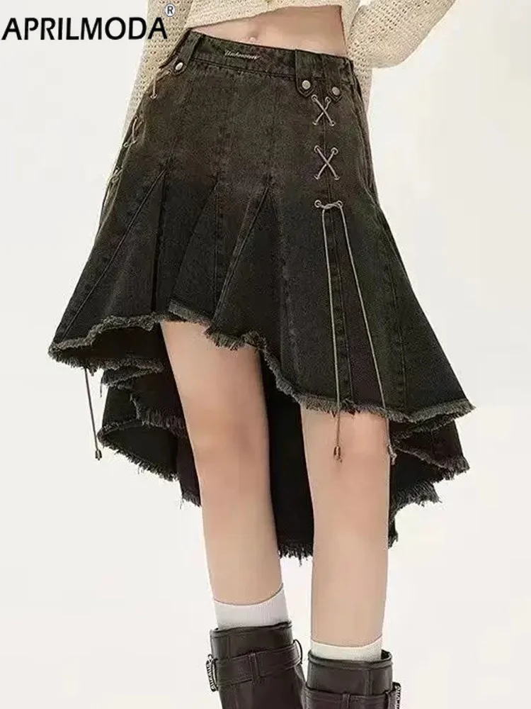 

Hot Girl Emo Grunge Y2k High Waist Slim Casual Skirt Retro Irregular Pleated Ruffled Hem Distressed A-line Denim Skirt for Women