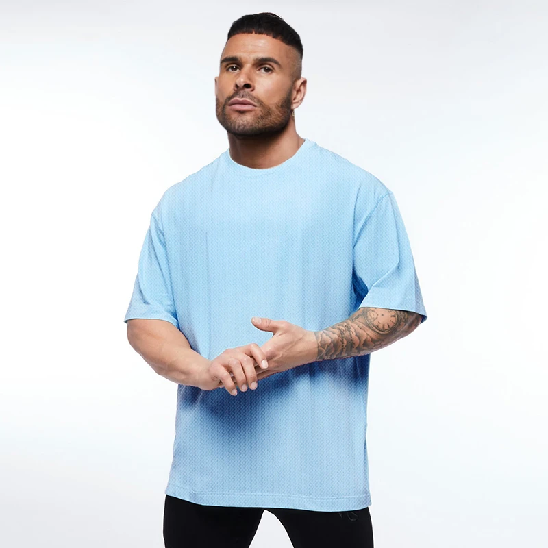 Oversized T shirt Men Drop Shoulder Gym Clothing Bodybuilding Fitness Loose Hip-Hop T-shirt Quick Dry Mesh Sports Tshirt